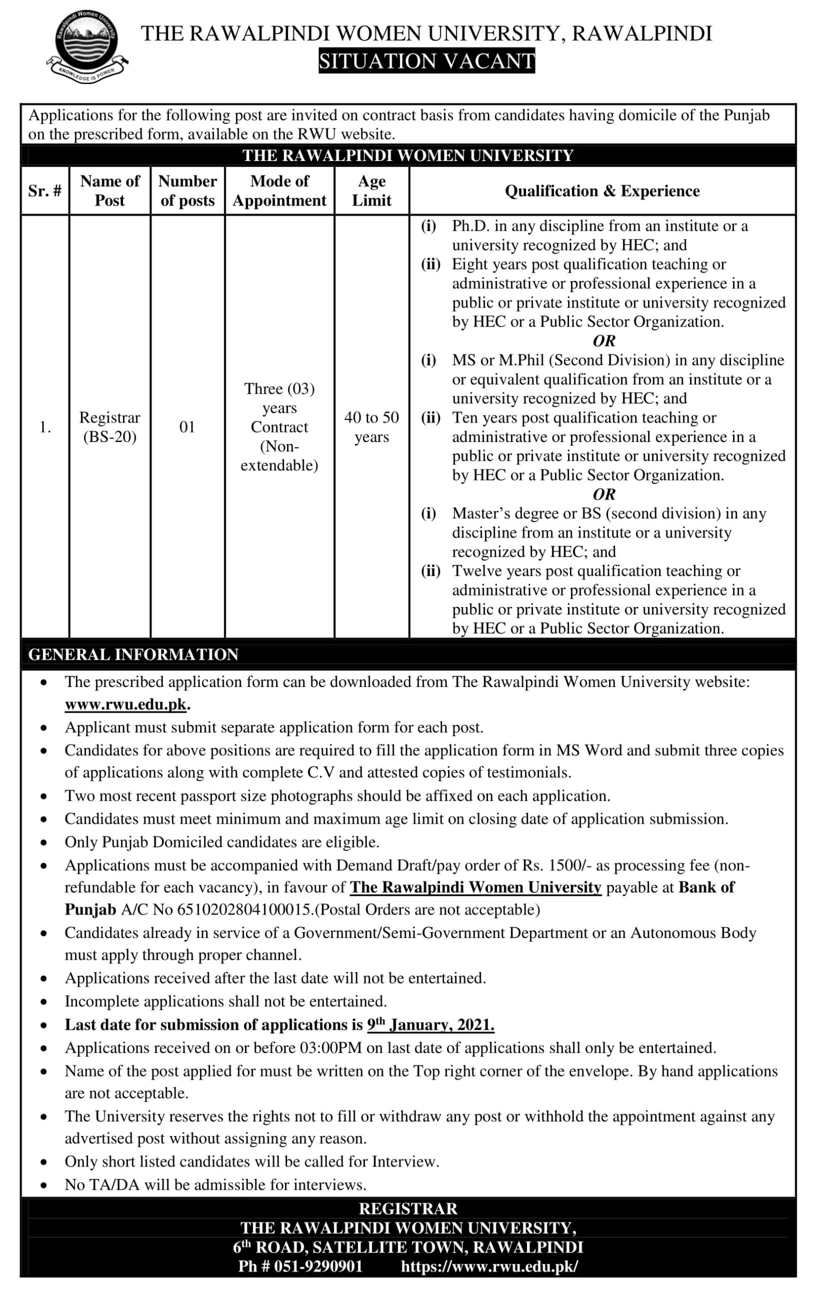 For post of Registrar 2022 Rawalpindi Women University