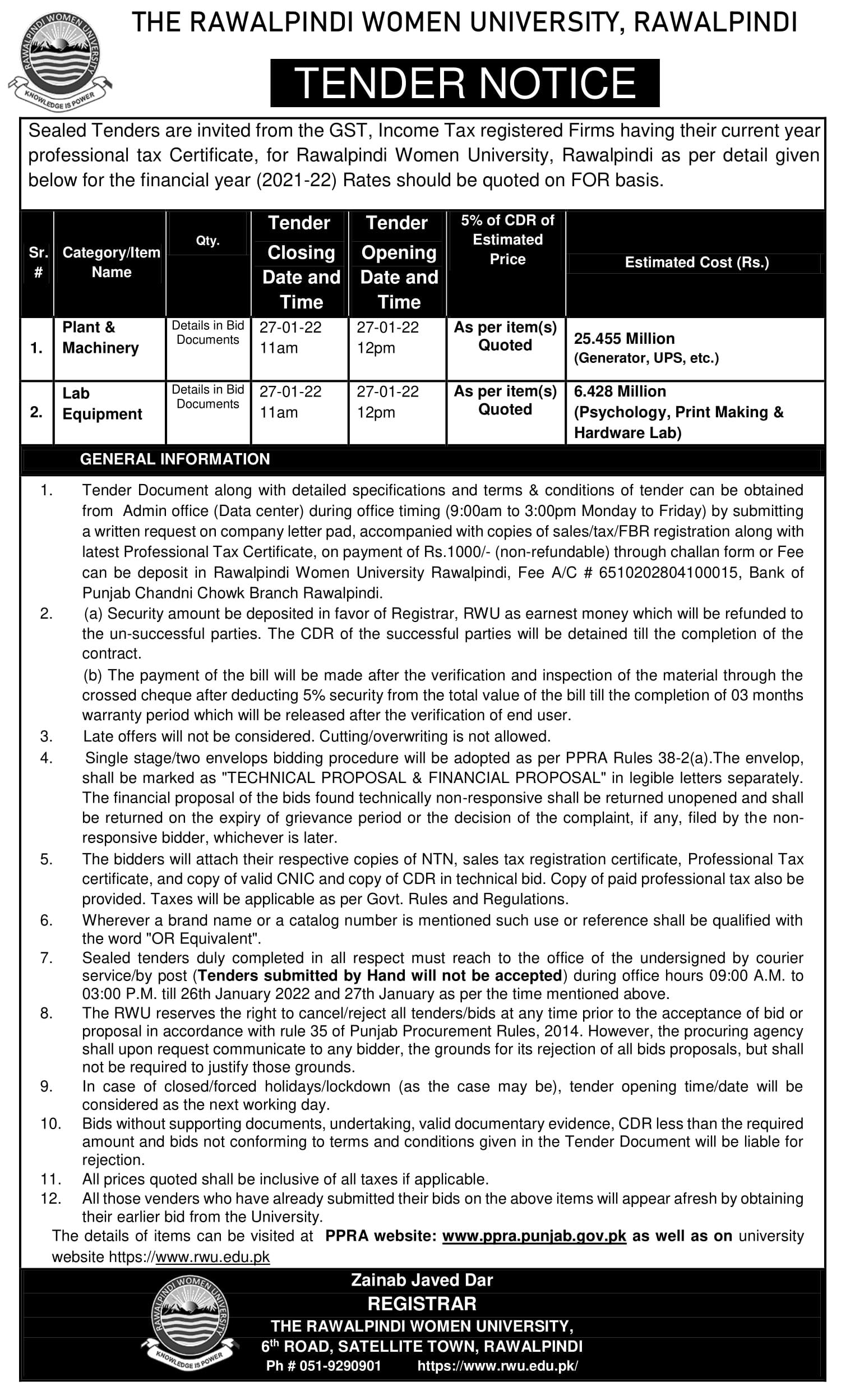 Tender Notice Plant & Machinery+ LAB Equipment 2022 Rawalpindi Women