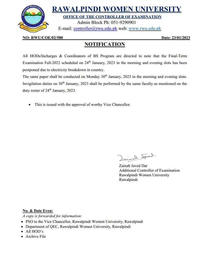 Notification Electricity Break Down Rawalpindi Women University