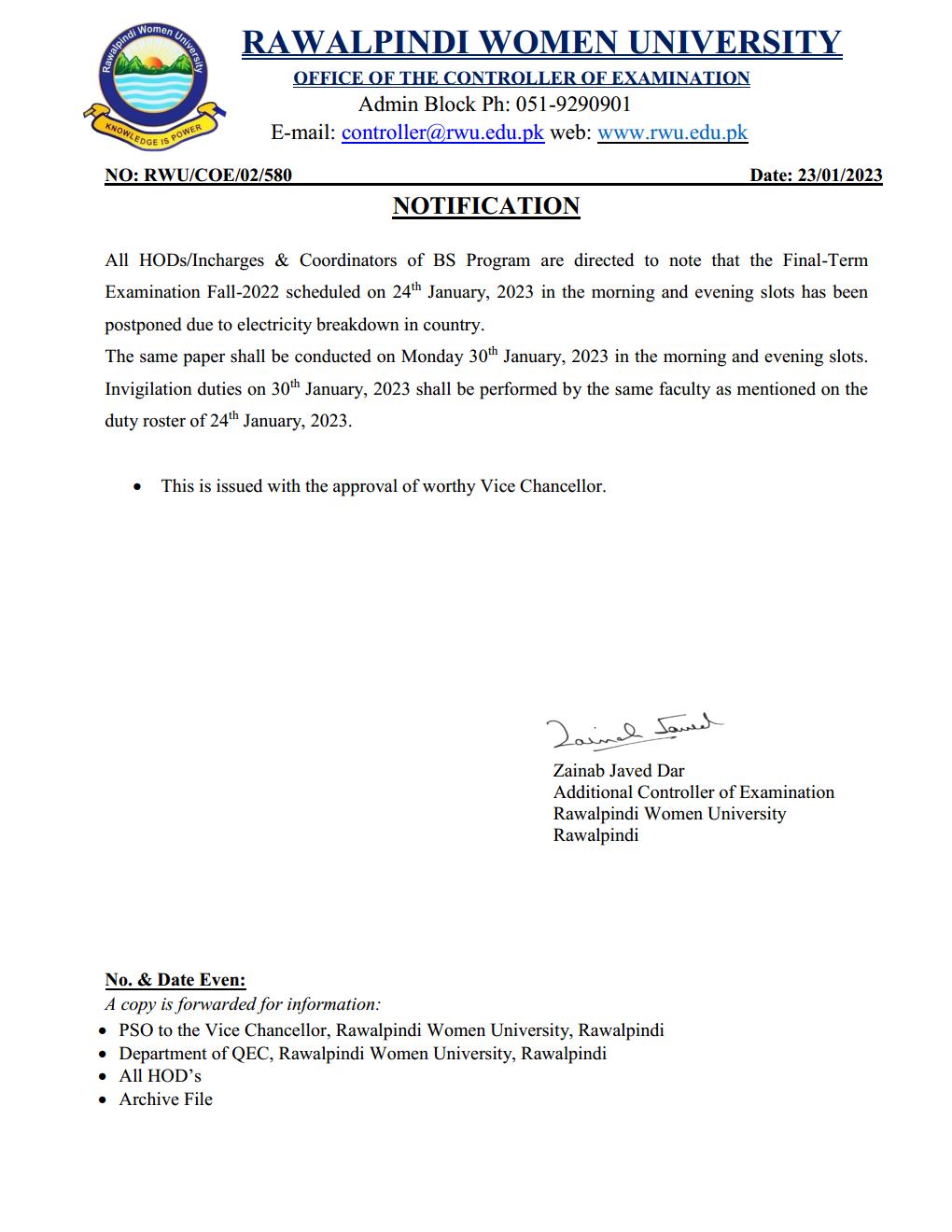 Notification Electricity Break Down Rawalpindi Women University